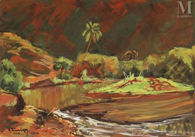 tableau représentant une rivière traversant une forêt verdoyante et luxuriante, peuplée d'arbres