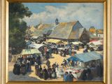 an oil painting of a market scene with people and vendors