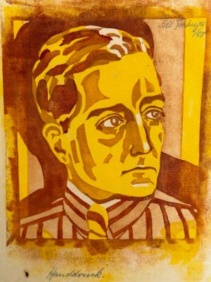 painting of a portrait of a man in a striped shirt and tie