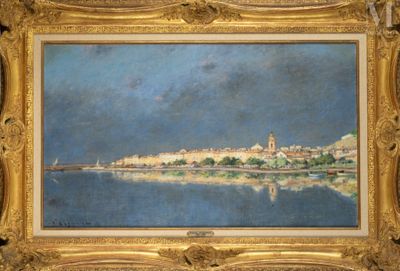 une image d'un tableau représentant une ville au bord de l'eau