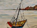a painting of a boat on the beach near the water