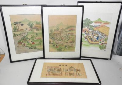 trois peintures asiatiques encadrées représentant un village et une scène de village