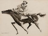 dessin représentant un homme à cheval, sur lequel se trouve un clown