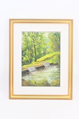 tableau représentant un bateau sur une rivière, avec des arbres en arrière-plan
