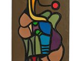 an abstract painting of a man with a hat on a brown background