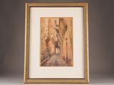 framed picture of a street scene with a dog and a building