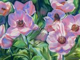 tableau représentant des tulipes roses dans un champ de feuilles vertes