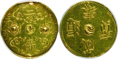 a close up of two gold coins on a white surface