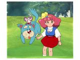 a cartoon picture of a girl and a cat in a field