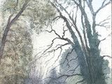 a painting of a man riding a horse on a path
