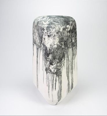 une photo en noir et blanc d'un vase posé sur une surface blanche