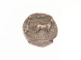 a close up of a coin with a horse on it