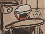 a drawing of a man sitting at a table with a surfboard