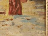 painting of a woman in a red dress carrying a basket of fruit