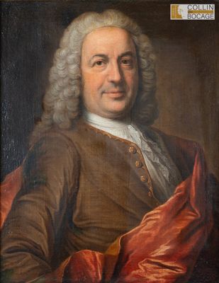 un tableau représentant un homme vêtu d'un manteau marron et tenant un tissu rouge