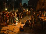 an image of a painting of a group of people gathered around a fire