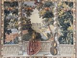 painting of a woman sitting on a balcony with a violin and a vase of flowers