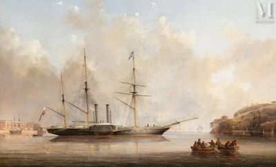 painting of a ship in a body of water with people in small boats