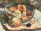 une peinture représentant une coupe de fruits sur une table