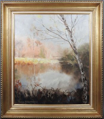 un tableau représentant un lac, avec des arbres et de l'eau au premier plan