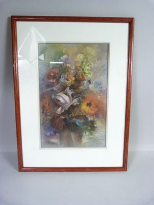 painting of a vase of flowers in a wooden frame on a white wall