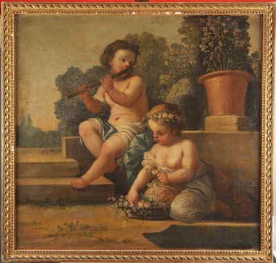 an old painting of two children sitting on a ledge playing a flute