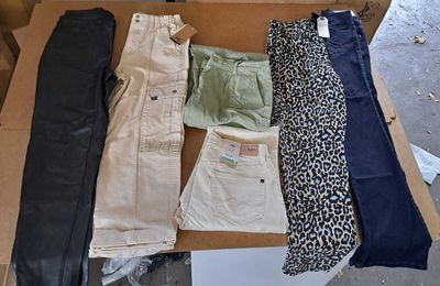 a box full of clothes that is sitting on the floor