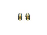 a pair of gold and blue enamel hoop earrings on a white background