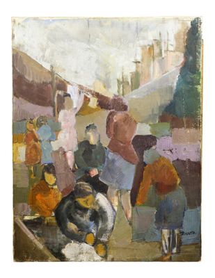 an oil painting of a group of people walking down a street