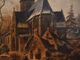 an image of a painting of a church on a snowy day
