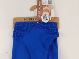 a close up of a blue panties with a tag on it