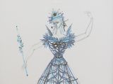drawing of a woman in a blue dress holding a blue umbrella