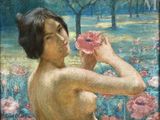 une peinture représentant une femme tenant une fleur à la main