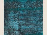 une image représentant une peinture aux couleurs bleues et vertes représentant des feuilles sur fond blanc