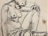 dessin représentant un homme assis par terre, les jambes croisées