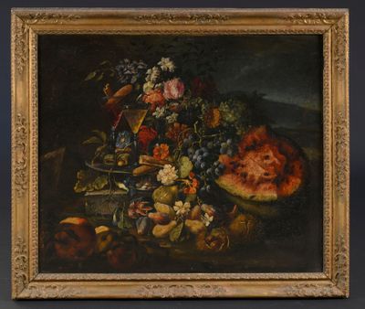 peinture d'une nature morte de fruits et de fleurs sur une table