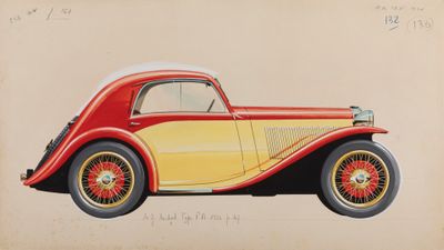 drawing of a red and yellow car on a beige background