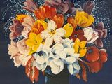 une peinture de fleurs dans un vase sur une table