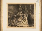 a black and white drawing of a man and a woman sitting on a rock