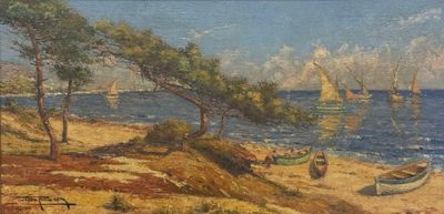 une peinture de bateaux sur la plage au bord de l'eau