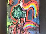 painting of a bird on a tree with a rainbow in the background