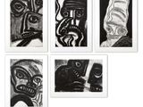 six black and white drawings of a man and a woman and a cat
