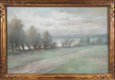 une peinture à l'huile représentant un paysage avec un chemin de terre et des arbres