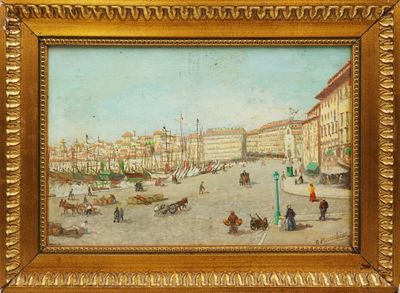 une image représentant un tableau illustrant une scène de rue avec des personnages et des chevaux