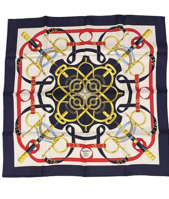 a blue and yellow square scarf with a design on it