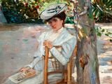 painting of a woman sitting in a chair under a tree