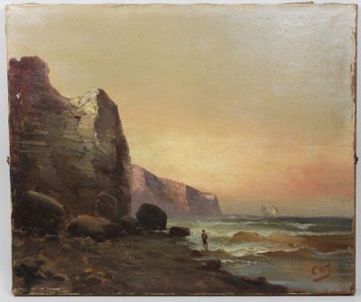 une image représentant un tableau où l'on voit un homme marchant sur une plage au bord de la mer
