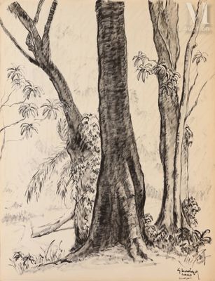 un dessin représentant un arbre sur lequel est perché un oiseau