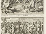 two pictures of a man with a sword and a woman holding a bucket