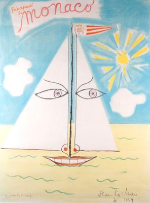 tableau représentant un voilier sur l'eau, avec le soleil en arrière-plan